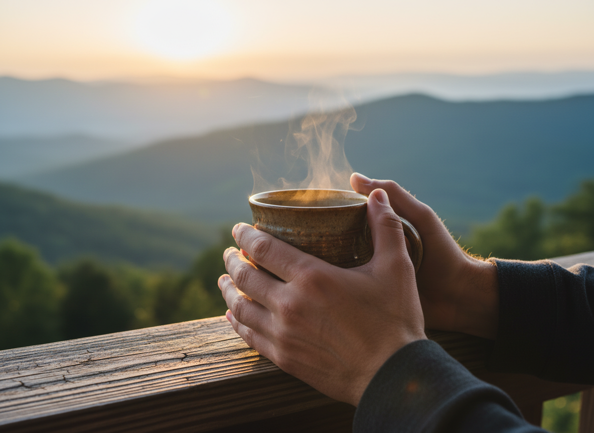 Hands holding a warm mug on a rustic wooden railing with mountain backdrop