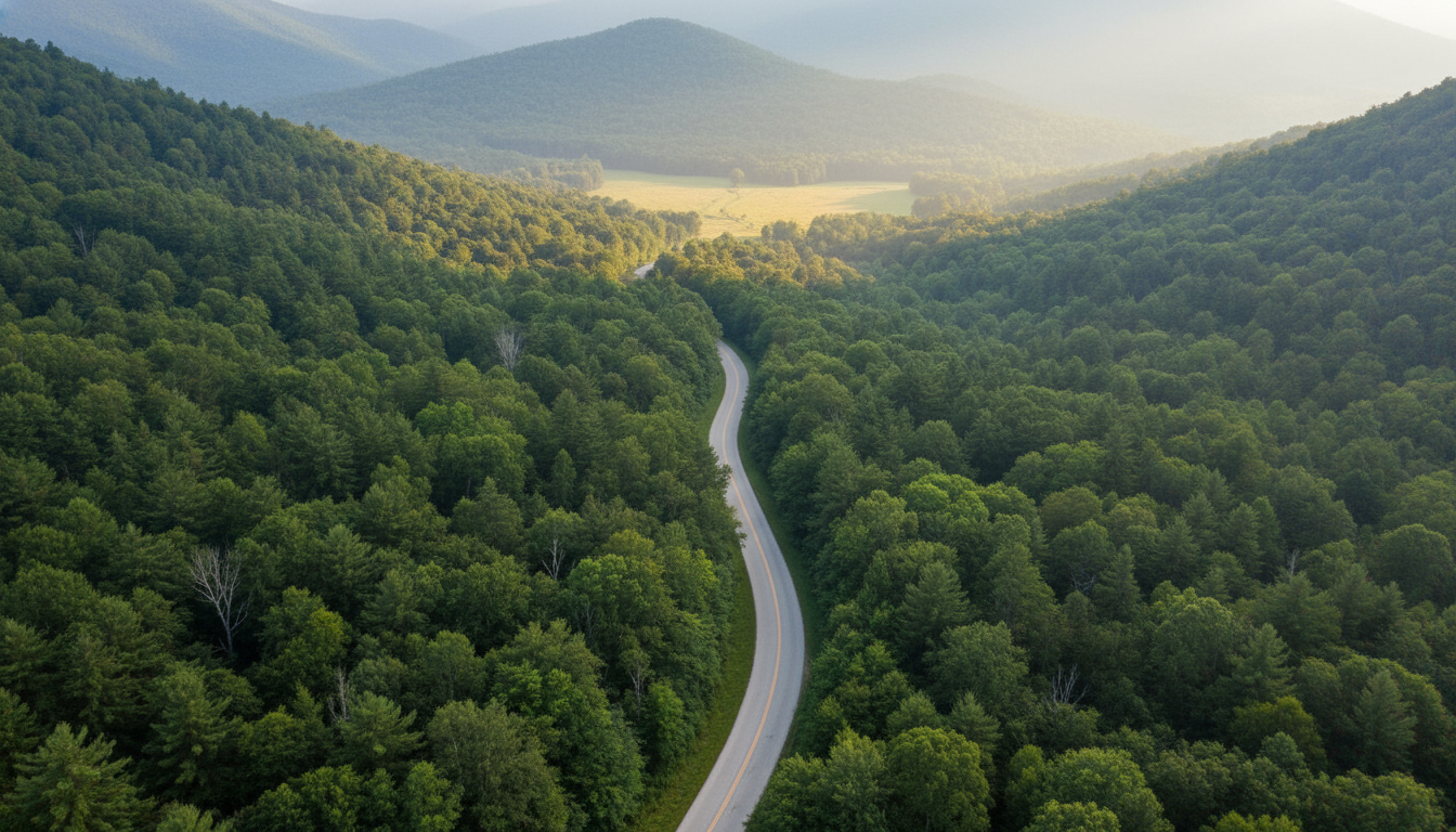 Winding mountain road leading to the Blue Ridge Mountains